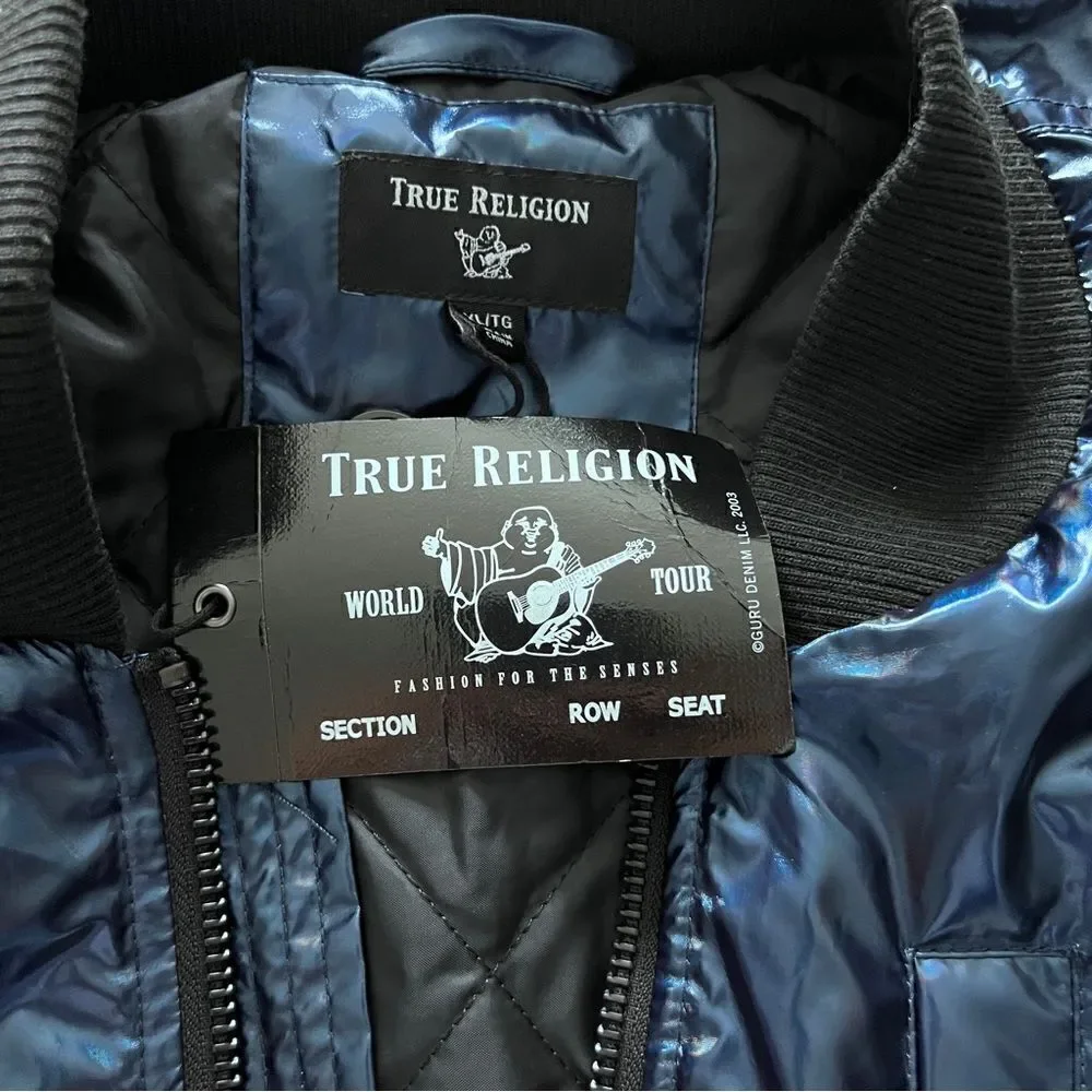 TRUE RELIGION Men's Navy Iridescent Fashion Bomber Jacket Size XL.